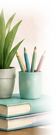 Pencils and pens in a jar beside books